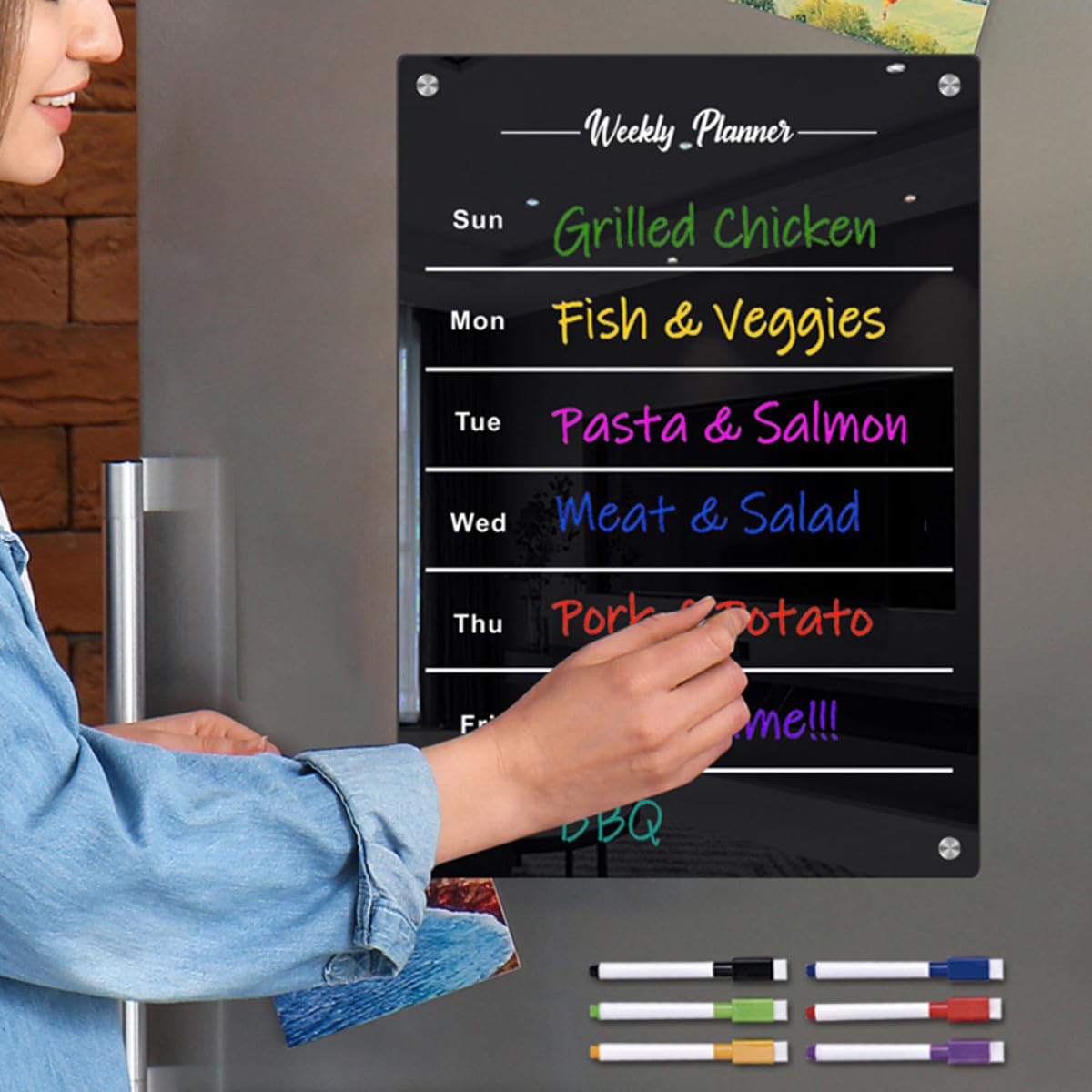 Zerodeko Magnetische Kühlschrank Schreibtafel A3 aus Schwarzem Acryl Abwischbarer Wochenplaner mit 6 Whiteboard Markern Wiederbeschreibbares Messageboard für Familien und Küchenkalender