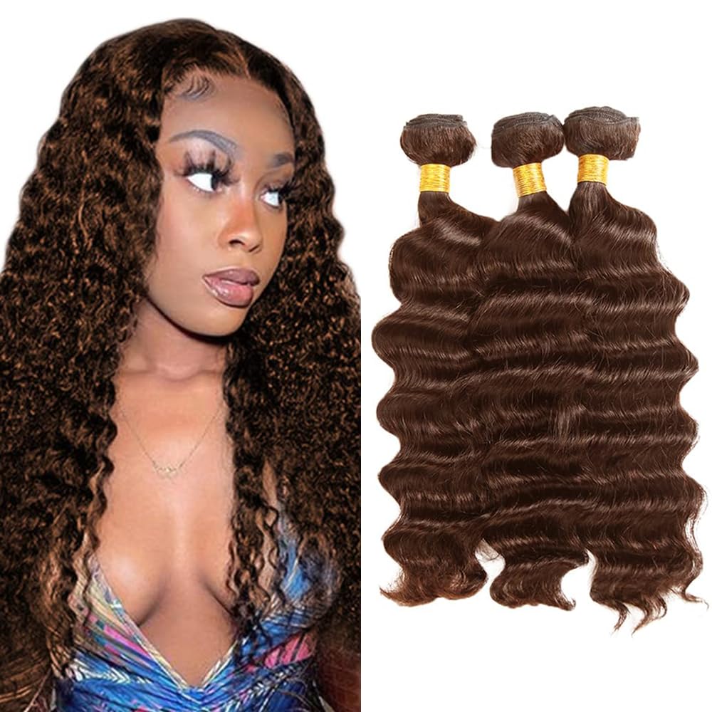 Creuost Human Hair Bundles Deep Wave #4 Chocolate Brown Color Natural Invisible Double Weft Weave Human Hair Extension For Woman Bundle/100g Total 300g 20 22 24 Inch