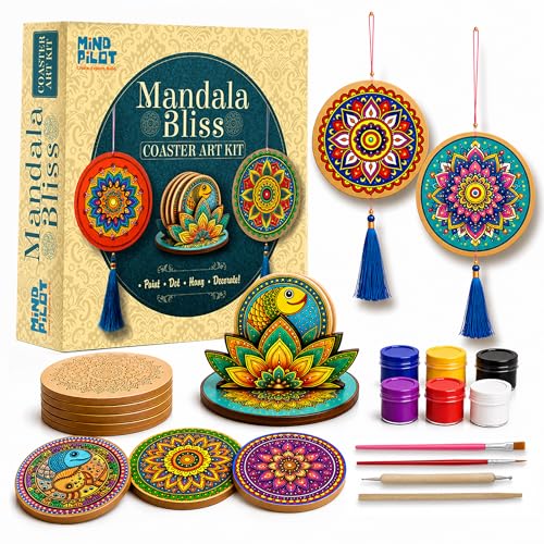 Image of Mind Pilot Dot Mandala Coaster Painting Kit for Adults | 4 Pre-Marked 4 inch + 2 Pre-Marked 7 inch MDF Coasters & Hangings | Lotus Stand | 6 Acrylic Paints, Dotting Tools & Brushes | DIY Home Decor & Return Gift | Beginner Friendly