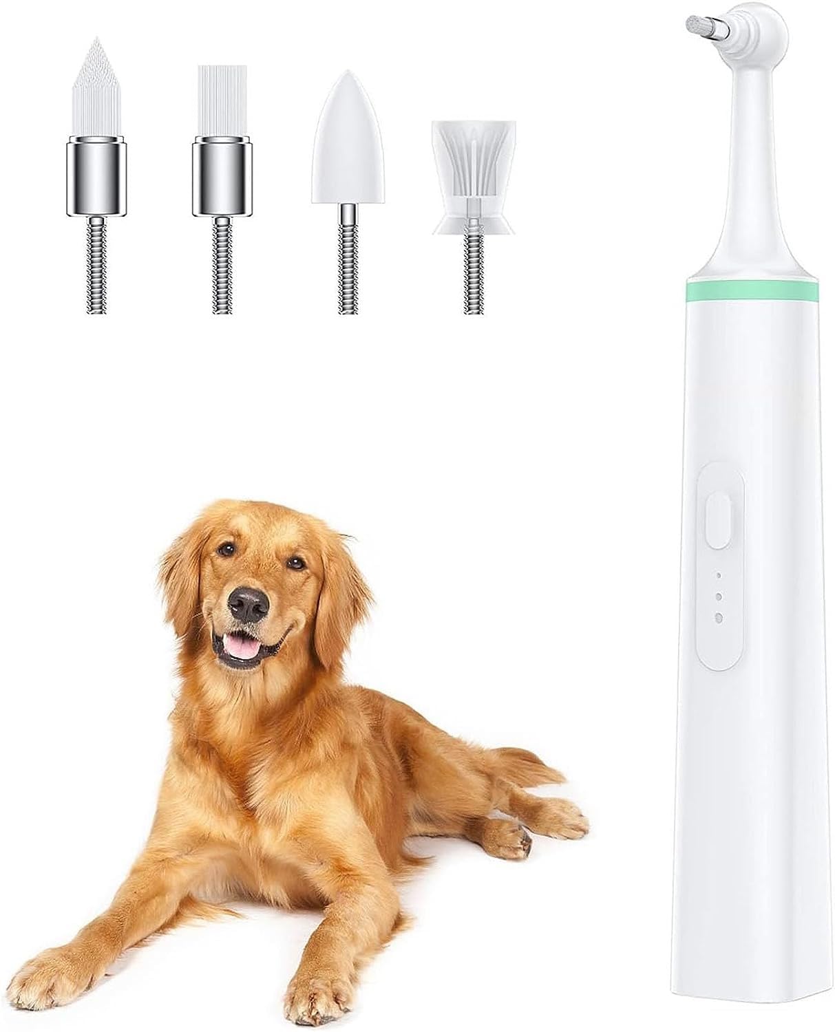 Spazzolino Elettrico per Cani da Compagnia con 4 Testine per La Rimozione delle Macchie dei Denti 3 modalità Operative Strumento di Pulizia della Bocca del Cane E del Gatto(Green)