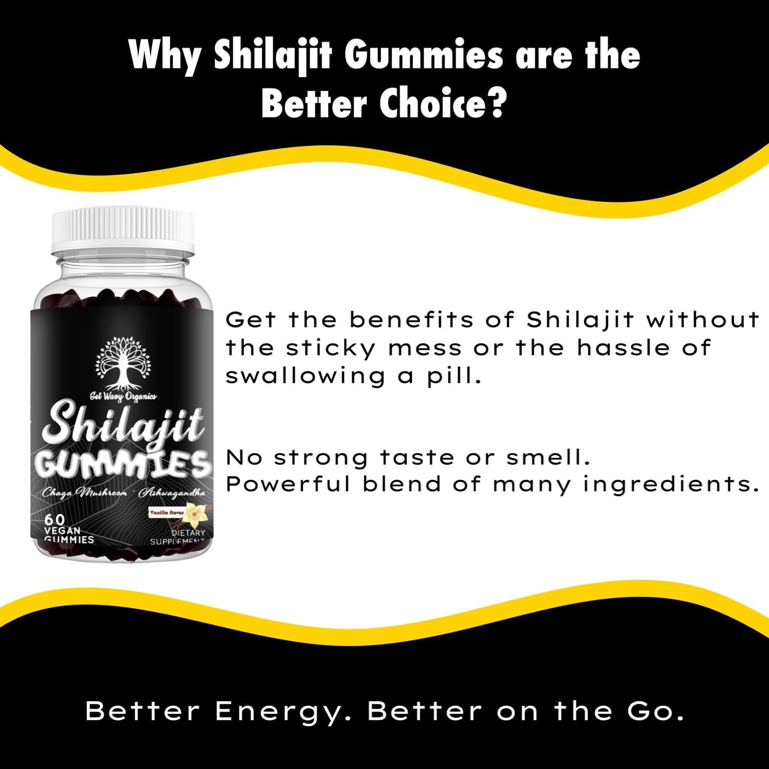 Pure Himalayan Shilajit Gummies with Ashwagandha and Chaga Mushrooms, Vitamin D2 and B12, Fulvic Acid and 85+ Trace Minerals | Plant-Based, Vegan, Gluten Free | 60 Gummies - 30 Servings