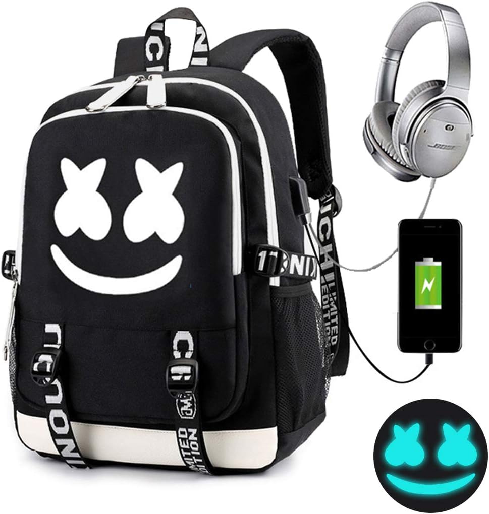 Luminous DJ Laptop Backpack Studen Daypack with USB Charging Fashion Bag (Black)