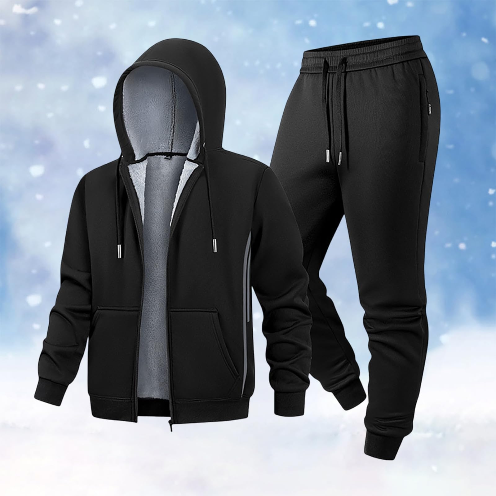 Tuta sportiva da uomo, in pile, 2 pezzi, felpa e pantaloni da jogging, tuta spessa, da jogging, sport, con calda imbottitura, per il tempo libero, oversize