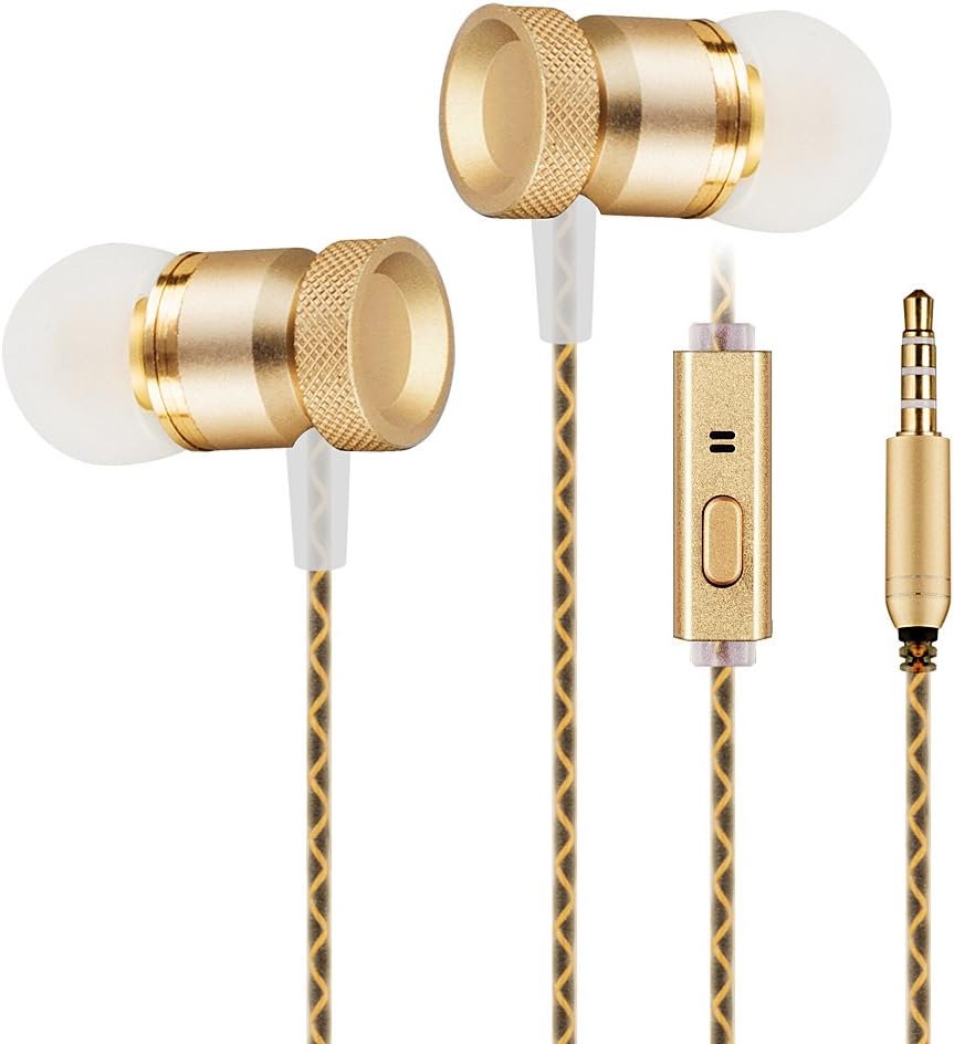 AreaJD in-Ear Full Metal Housing Stereo Deep Heavy Bass Earbuds Headphones with Microphone (Golden)