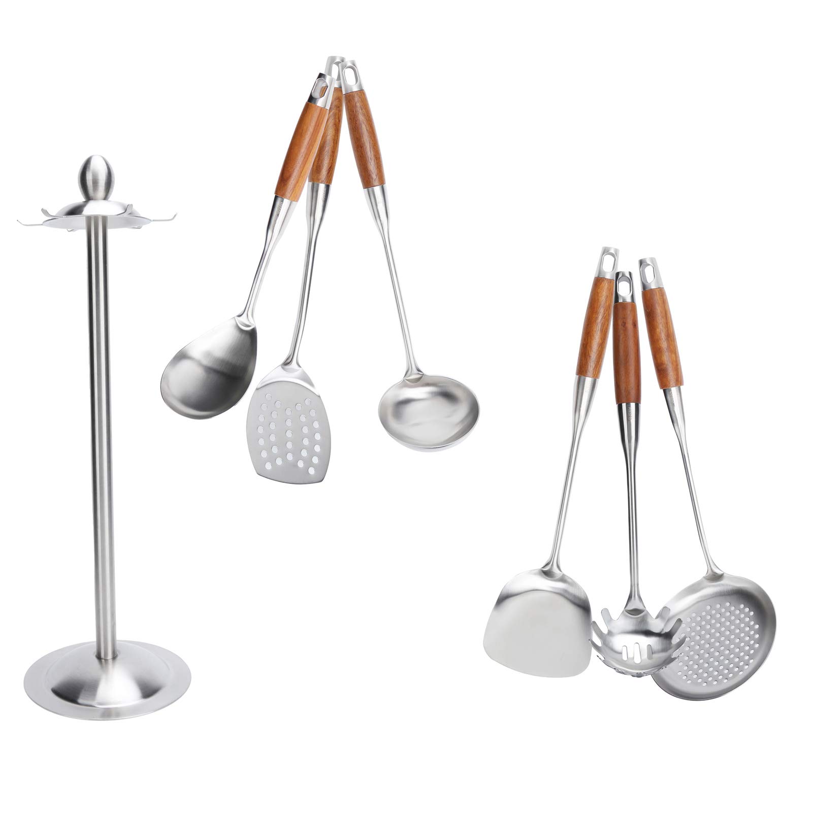 Juego de Espátula de Cocina con de Madera, Utensilios de Cocina Duraderos de Acero Inoxidable 304 para Chefs Caseros, 6 Unidades, Diseño que Ahorra Espacio