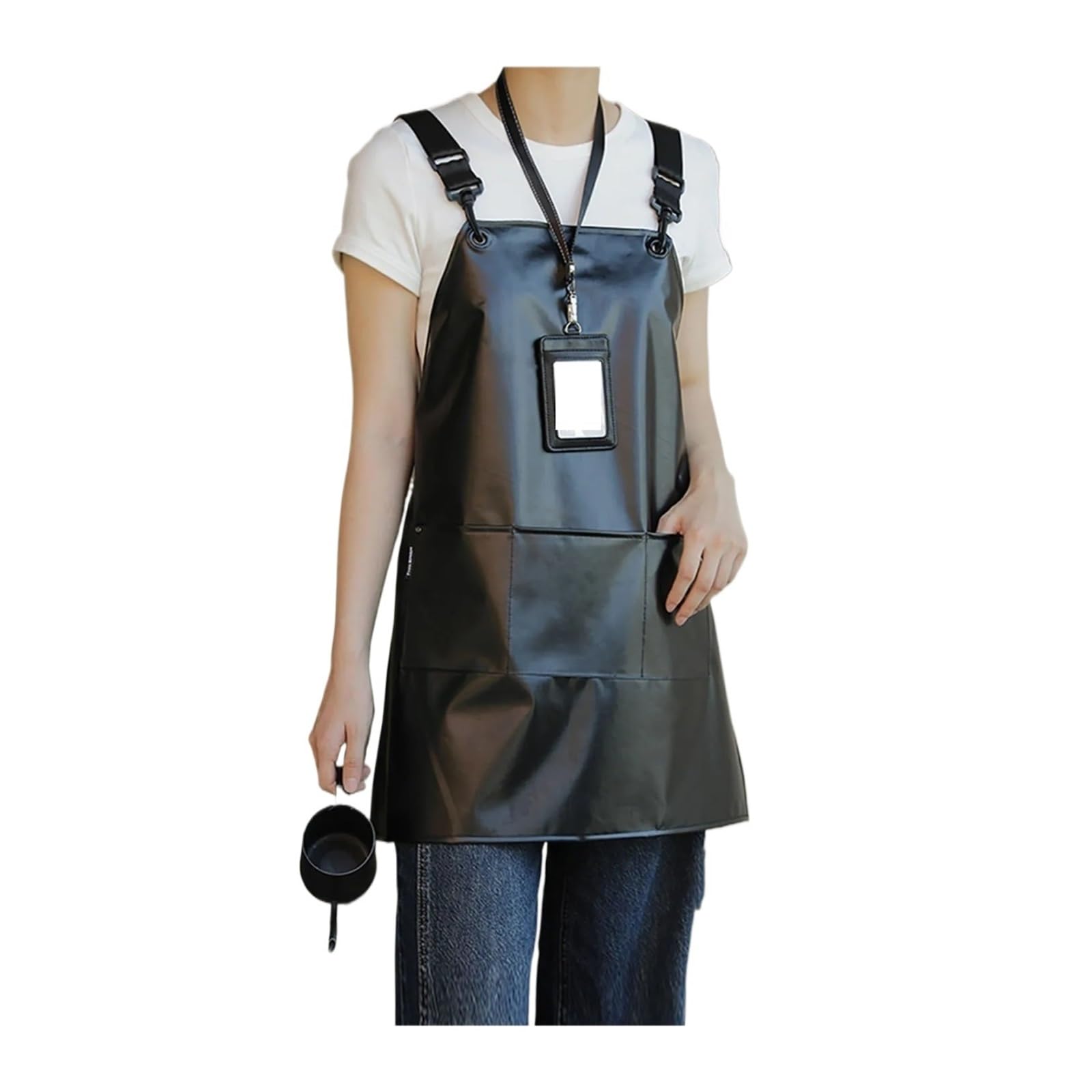 delantal Delantal de PU impermeable negro con correas cruzadas ajustables for los hombros cafetería barbería ropa trabajo for lavado autos