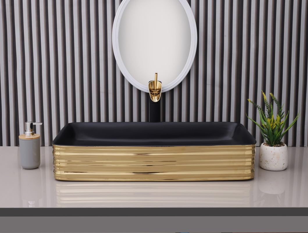 CLUSTER Designer Glossy Ceramic Table Top Wash Basin For Bathroom | Counter Top Wash Basin for Home, Hotel Or Resturent (26x14x5 Inch) Black And Golden