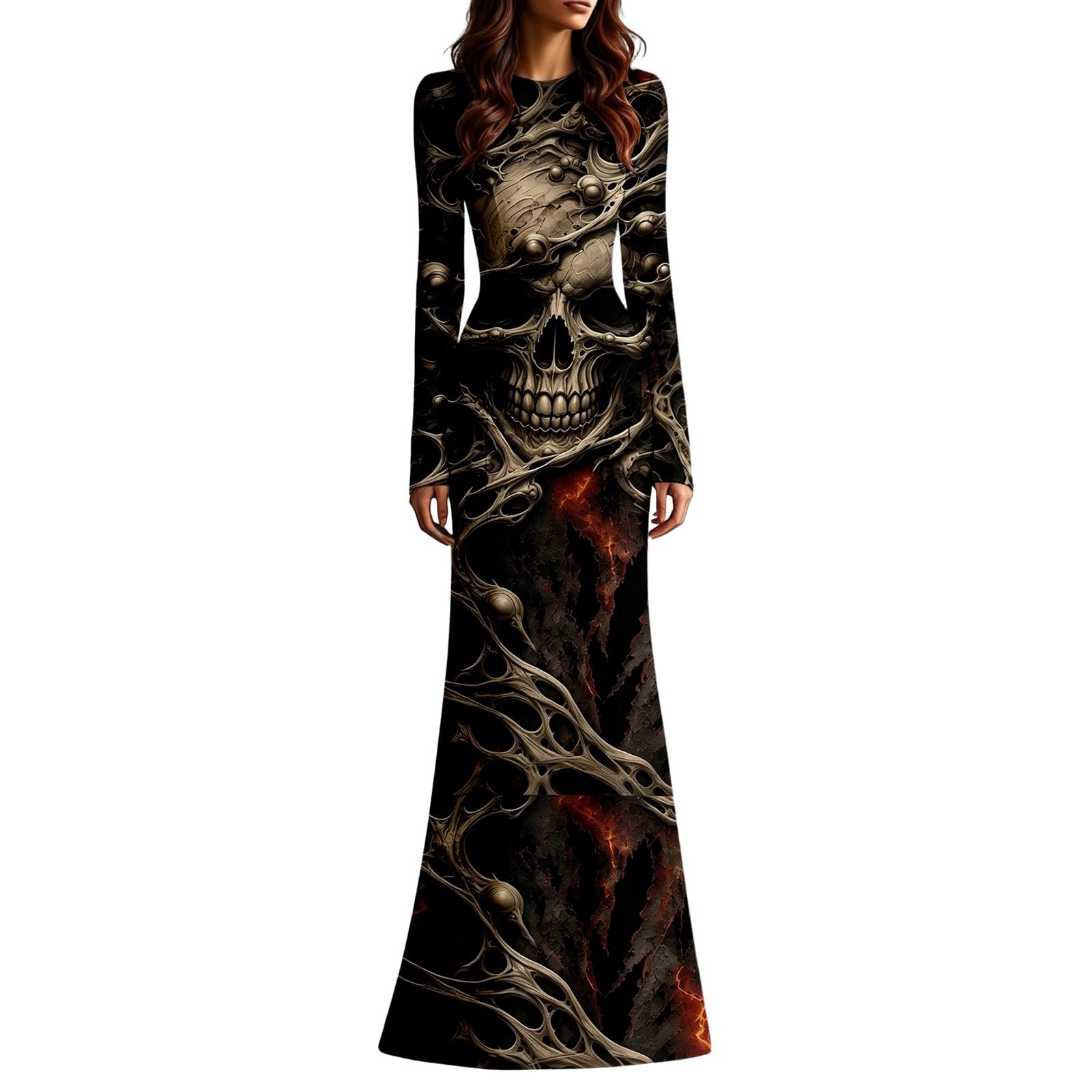 Women's Skeleton Print Mermaid Maxi Dress Long Sleeve Halloween Dresses for Women 3D Digital Print Floral Gothic Fancy Dress Costume