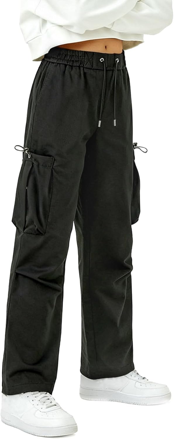 Curipeer Kids Girls Cargo Solid Pants Elastic Girls Stretch Multiple Pockets Long Pants 6-14T - Image 2