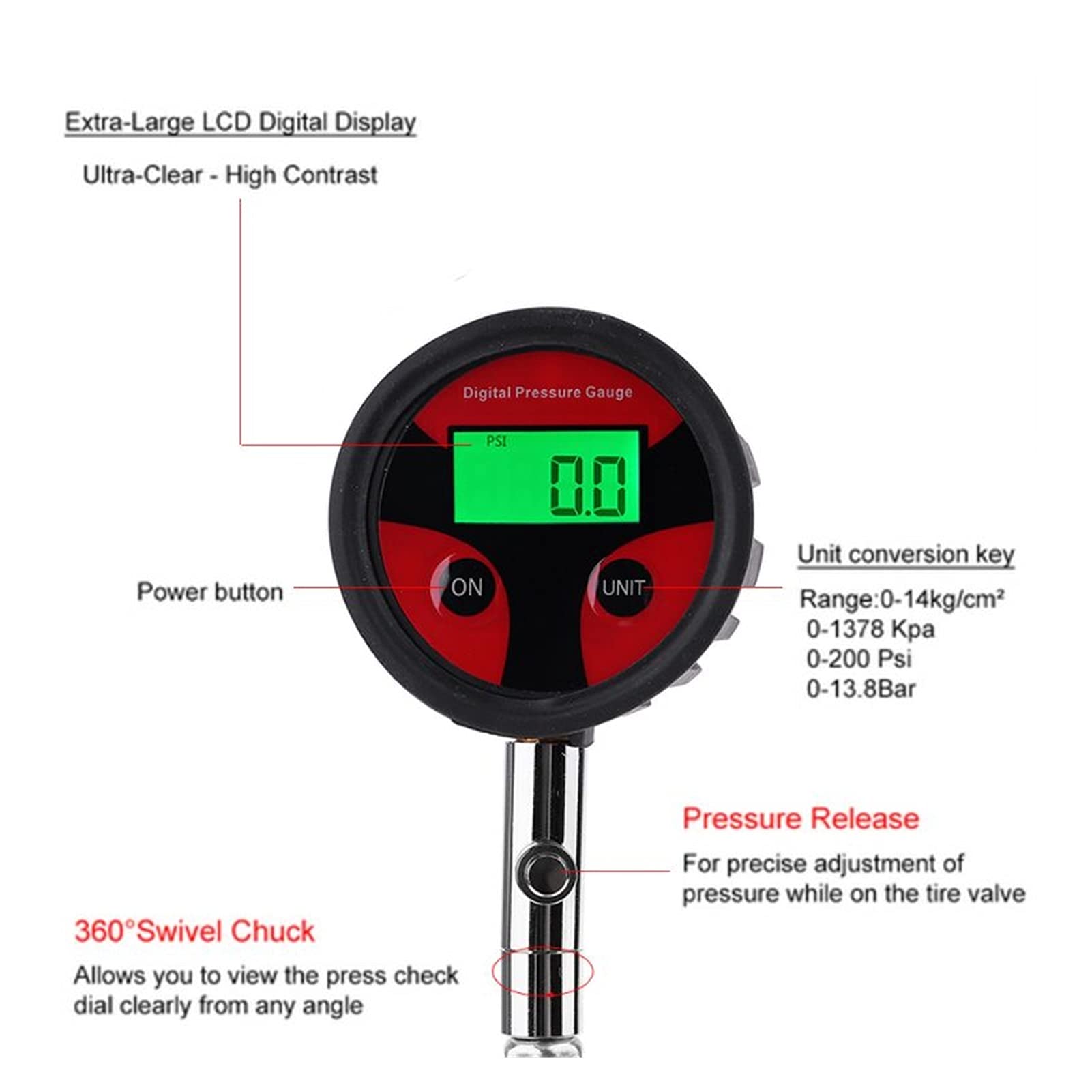 Medidor de presión de Aire de neumáticos Digital 200PSI probador de monitoreo Apto para neumáticos de Motocicleta de Coche