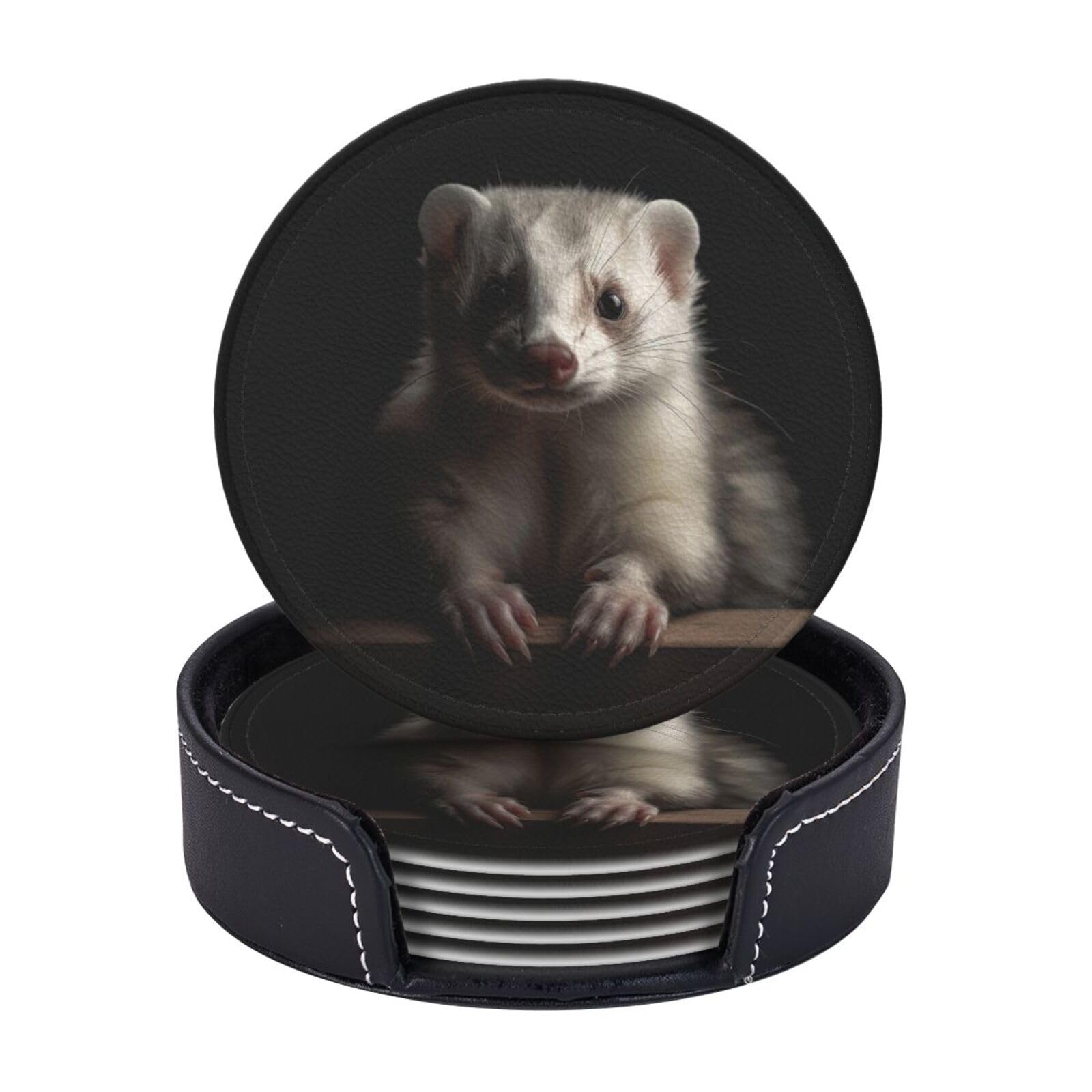 Drink Coasters 6 PCS Round Leather Coaster Ferrets Coasters for Drinks Non-Slip Mugs Pads with Holder Personalized Cups Pad Mat for Coffee Table Kitchen 10 CM