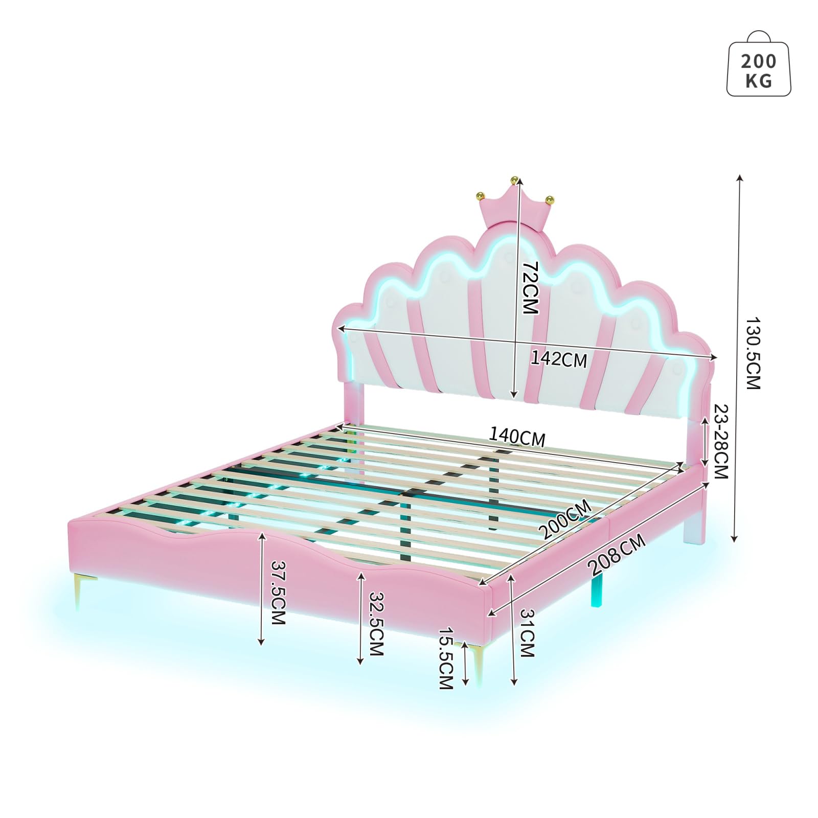 Letto matrimoniale imbottito per bambini, 140 x 200 cm, letto per ragazze con testiera LED imbottita e rete a doghe, in poliuretano, senza materasso (Rosa, 140x200cm)
