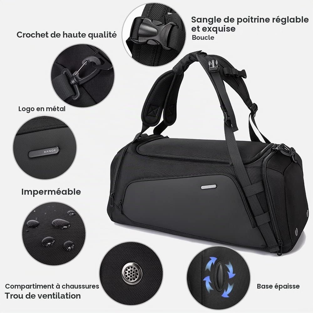 BANGE Sac de Sport pour Homme, Sac à Dos de Sport avec Poche de départ sèche et Humide avec Compartiment à Chaussures, Sac de Sport pour Voyage à Courte Distance pour Homme Femme…