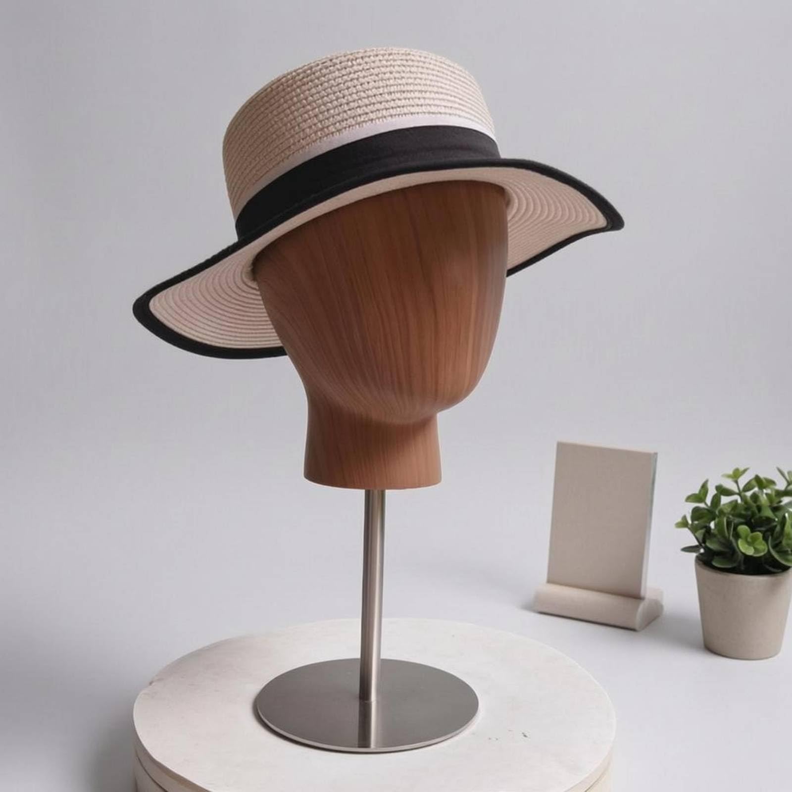 Manichino Testa Espositiva Porta Cappelli Porta Parrucche Asta Acciaio Base Tonda Fibra di Vetro Aspetto Legno Bilanciamento Sicuro Adatto per Saloni Vetrine Negozio Artigiani