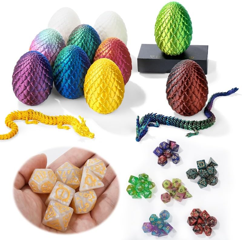 DND Dice Set 7 Pcs and 3D Printed Dragon Egg,D&D Dice Starter Games Fidget Toys Set for RPG MTG Table Games,Silk Gold