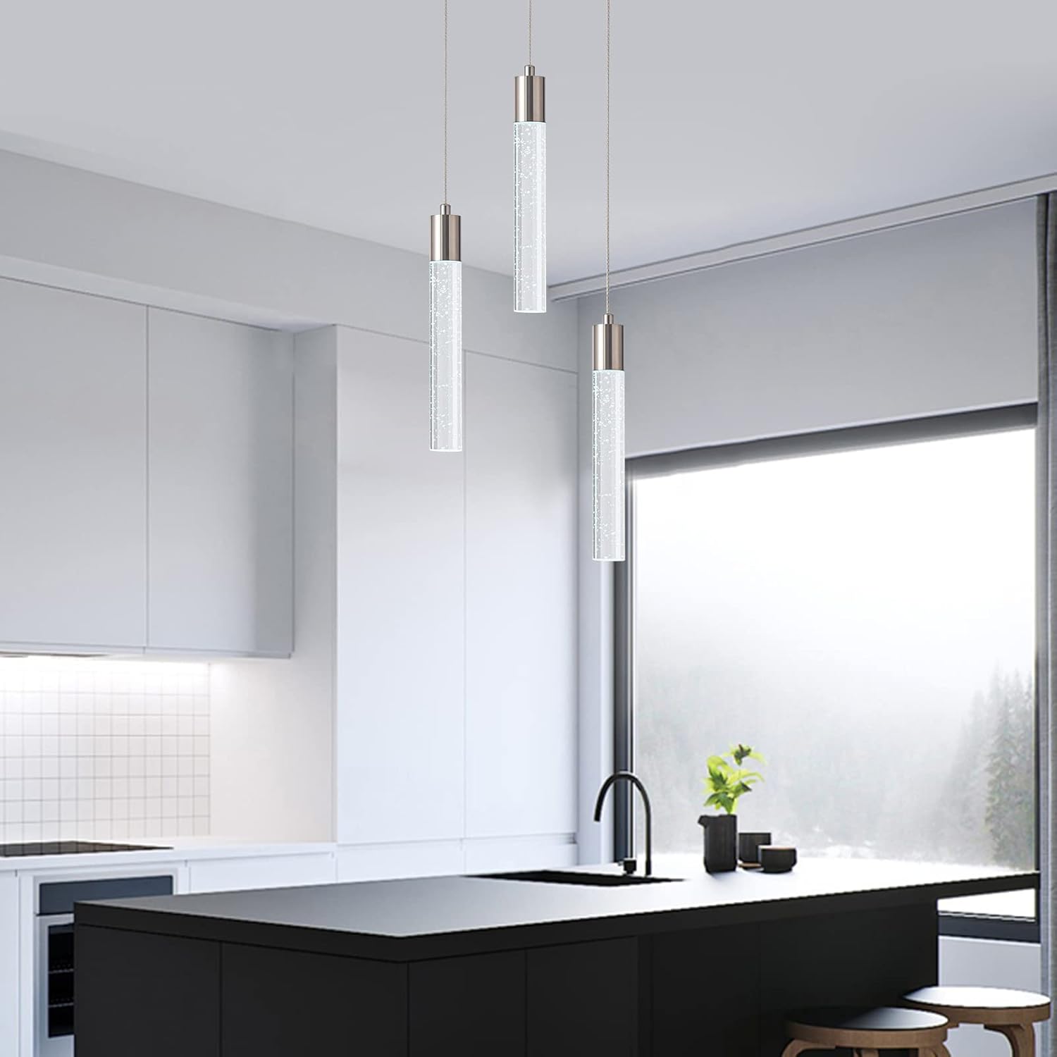 Modern Pendant 3 Light with Adjustable Height - Brushed Nickel & Clear Glass Cylinder Island Lights, 3000-6000K Dimmable Kitchen Pendant Lighting for Kitchen Island, Dining Room, Bar Counter