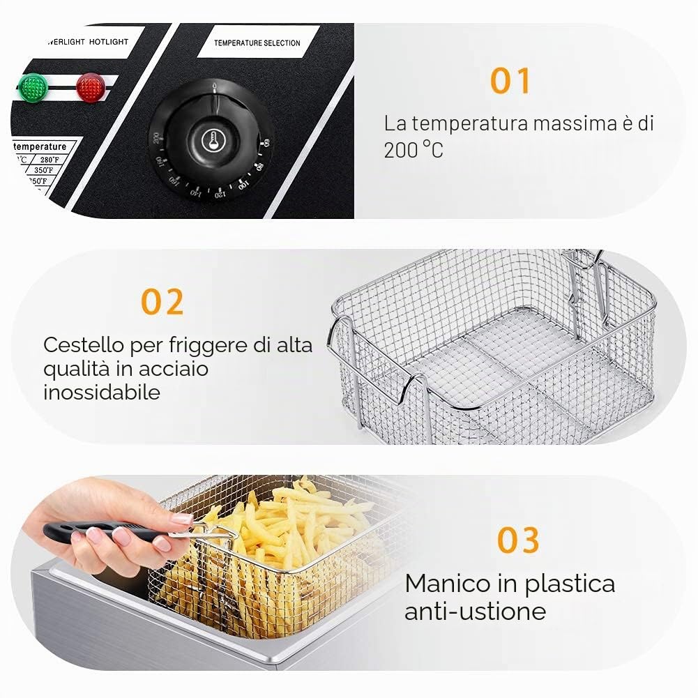 Friggitrice Elettrica Professionale 6L Doppia per Catering - Set Completo per Patatine Fritte, Pollo - 44 x 28,5 x 28 cm, 2,2 KW