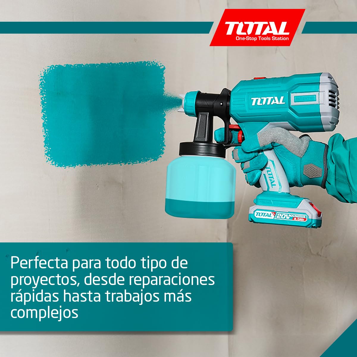 Total - Pistola de Pintura a Batería 20V - Volumen Máximo de 800 ml/min - Viscosidad Máxima de 120 DIN - Depósito de 800 ml- Incluye Embudo Medidor de Viscosidad - 1 Batería 2AH - Cargador - Maletín