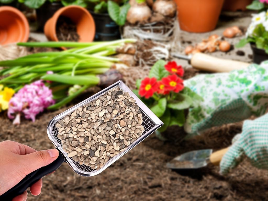 2PCS Filtri da Giardino in Acciaio Inox, 3.8/5MM Setaccio a Rete per Terreno con Manico, inviare 2 Ganci Adesivi, Setaccio da Giardino, Colino per Compost, Setaccio per Vasi, per Sabbia, Ghiaia