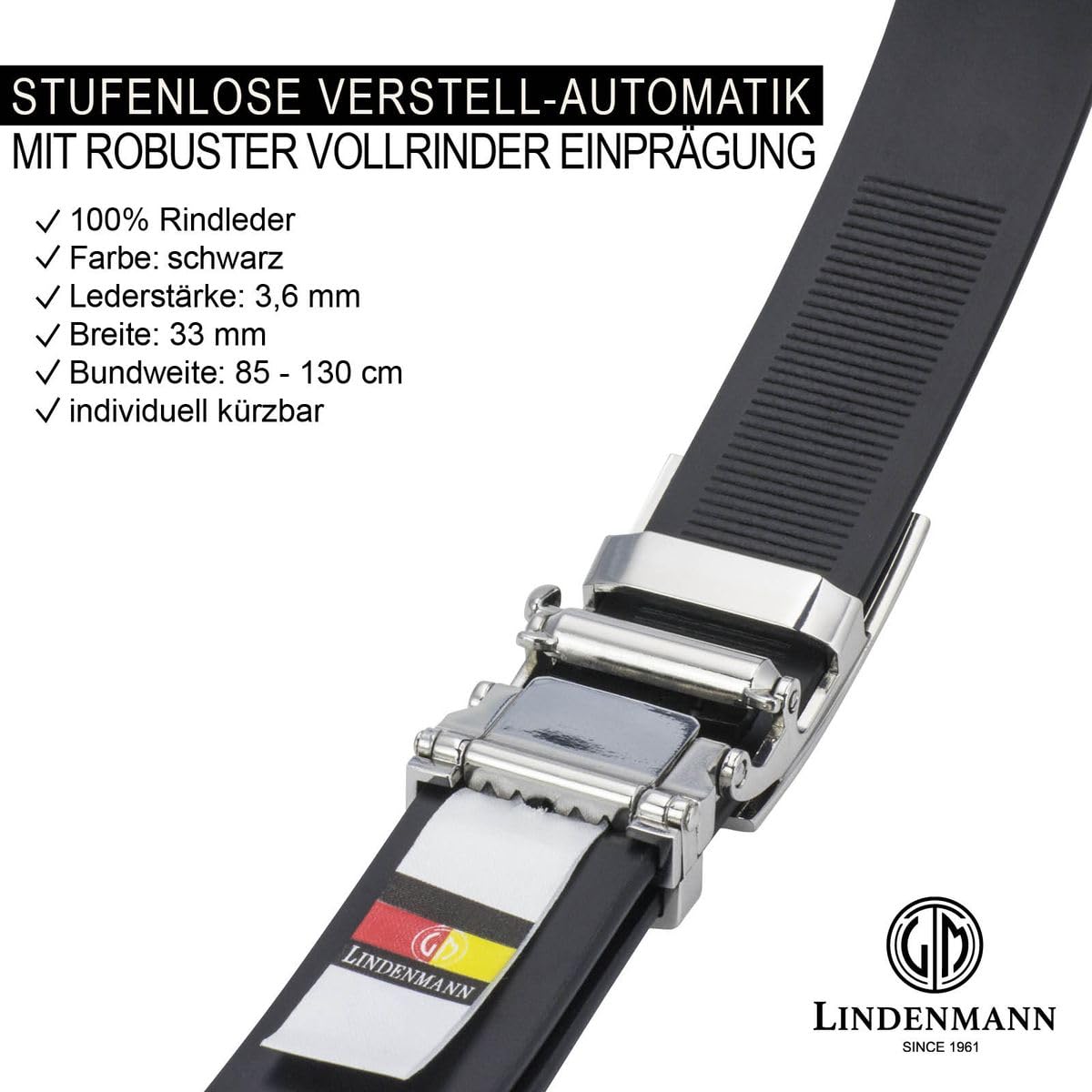 LINDENMANN skórzany pasek dla mężczyzn skórzany pasek ze skóry bydlęcej, 33 mm szerokości i 3,6 mm mocy, regulowany, pasek, skórzany pasek, klasyczny pasek, automatyczne blokowanie, czarny