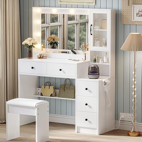 Miniatura 10 de Tocador de maquillaje con luces y estación de carga, mesa de tocador negra con 5 cajones y estantes de almacenamiento abiertos, escritorio de