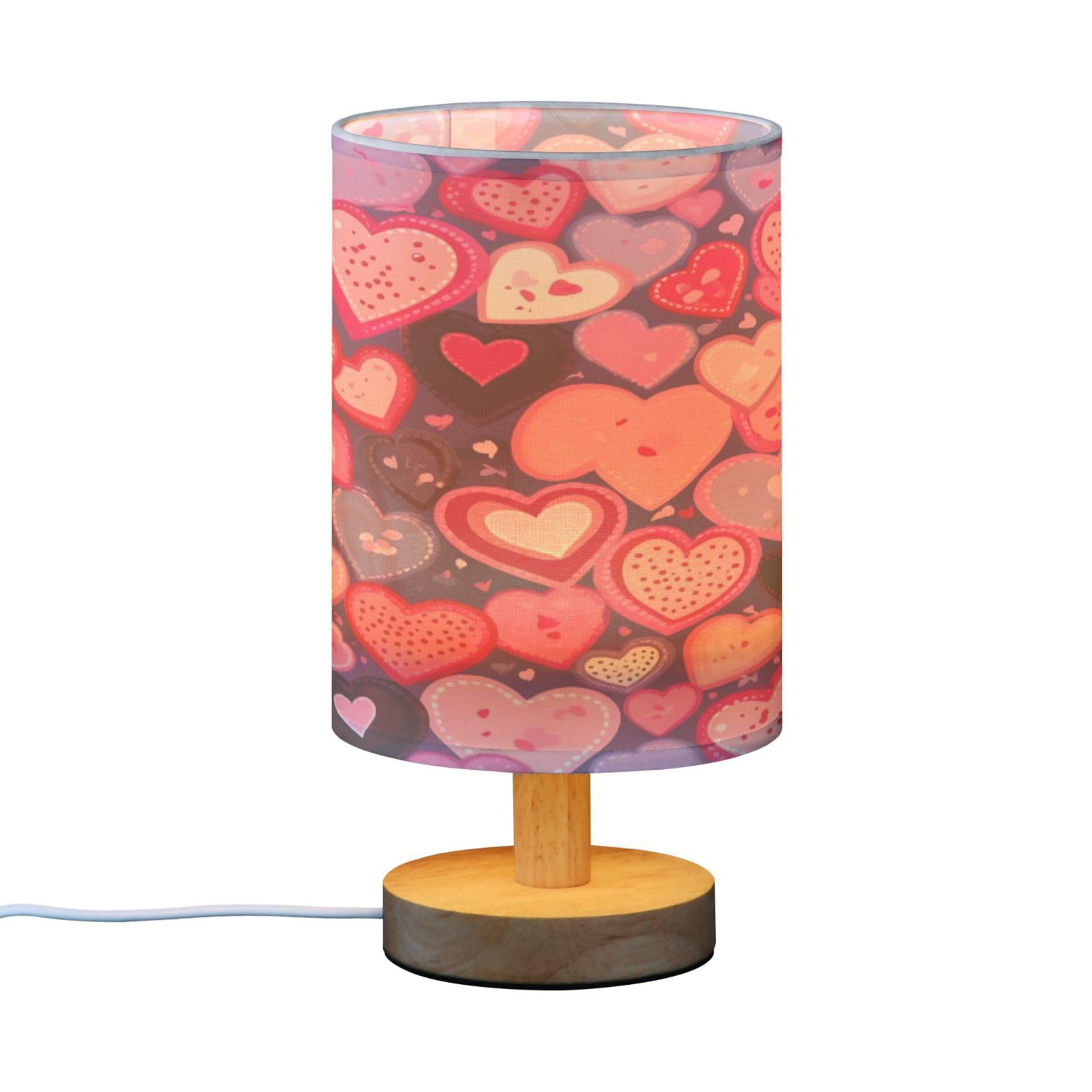 SDMKA Valentine Pattern Bedside Table Lamp for Bedroom, Minimalist Nightstand Lamp with Round Fabric Shade for Living Room, Office, No Bulb Required