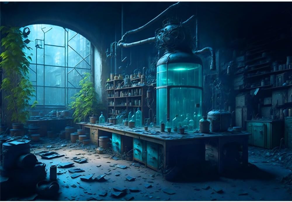 2.2x1.5m Vintage Chemistry Lab Backdrop Magic School Laboratory Old Books Spooky Photography Background for Halloween Party Decorations Mad Scientist Lab Party Decor Photo Props