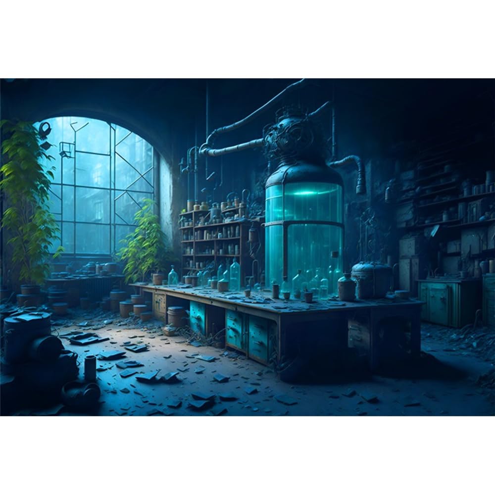 2.2x1.5m Vintage Chemistry Lab Backdrop Magic School Laboratory Old Books Spooky Photography Background for Halloween Party Decorations Mad Scientist Lab Party Decor Photo Props