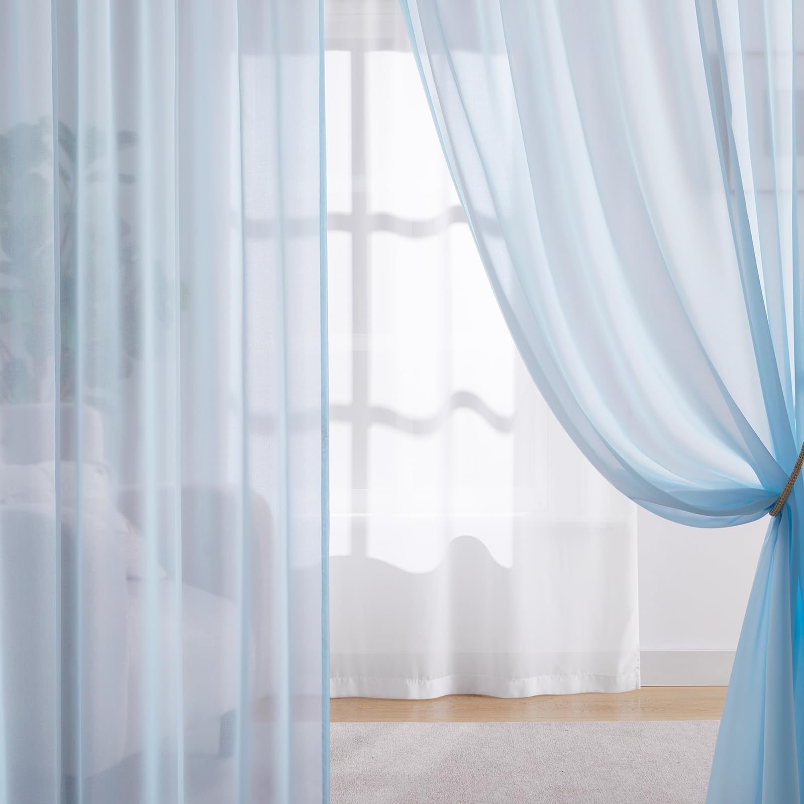 Melodieux Lot de 2 rideaux coulissants avec galon fronceur, modernes, pour chambre d'enfant, cuisine, bleu ciel, 210 x 137 cm (H x l)