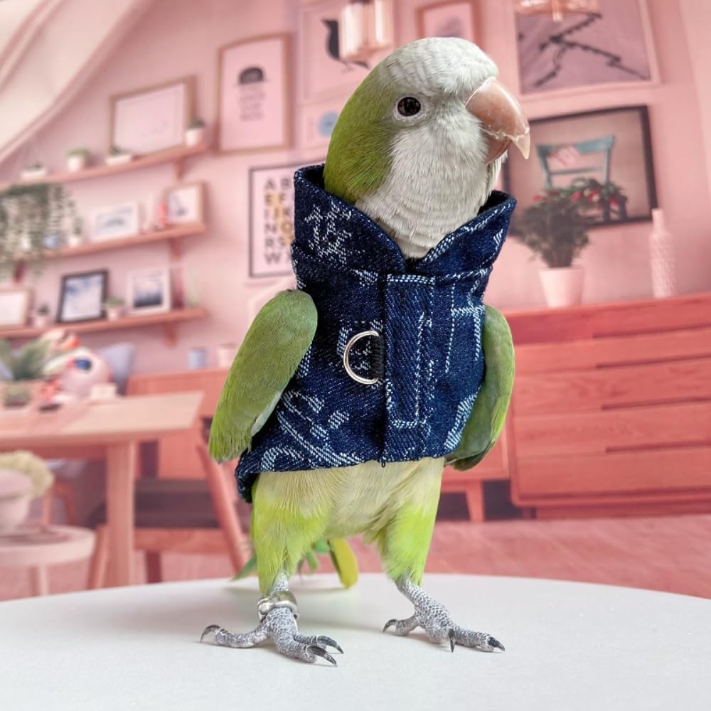 Bird Costume Bird Diaper Flight Suit Bird Clothes Jeans Cosplay Photo Prop for Parrots Parakeet Cockatiel Sun Conure, Bird Hoodie Small Animals Apparel (Green Quaker)