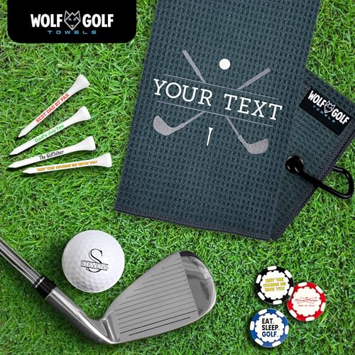 Image of Wolf Golf Towels Custom Golf Towel | Personalized Golf Accessories for Men & Women | Add Your Text with Choice of Font and Thread Color