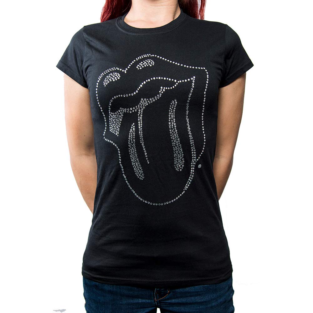 Paradiso Clothing Women's Black The Rolling Stones Diamante Tongue Skinny T Shirt - L