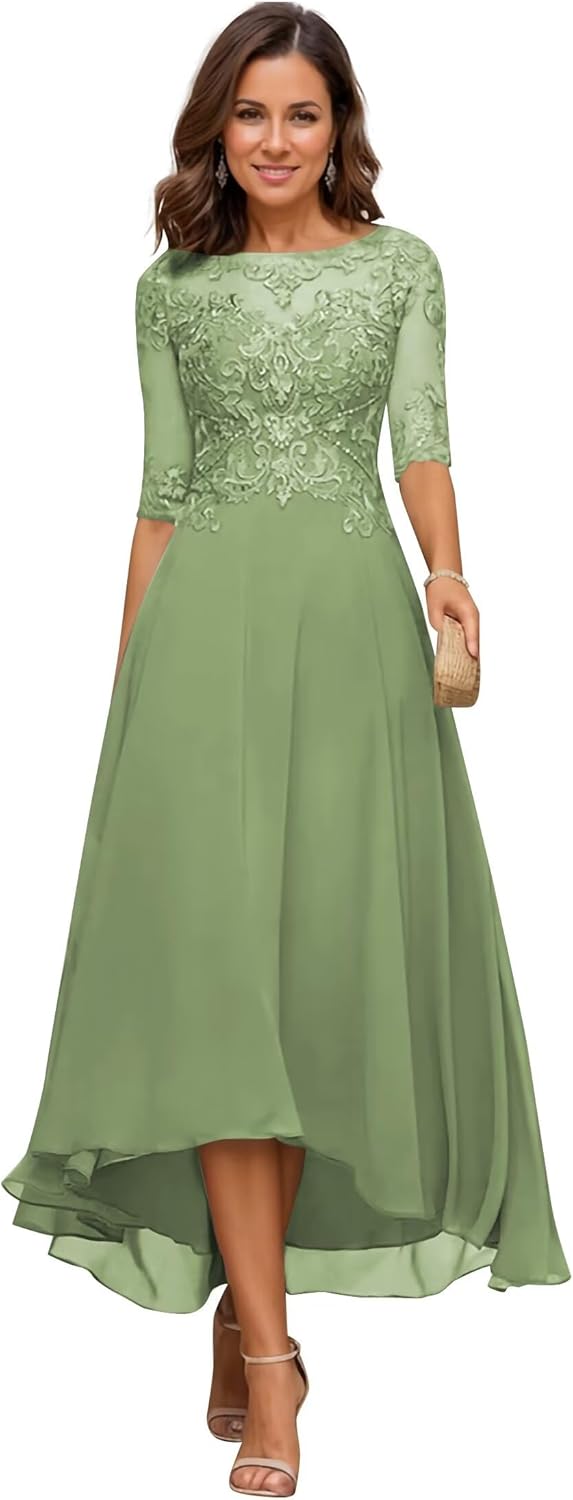 Mother of The Bride Dresses Tea Length for Wedding Beads Lace Chiffon Formal Gown with Pockets