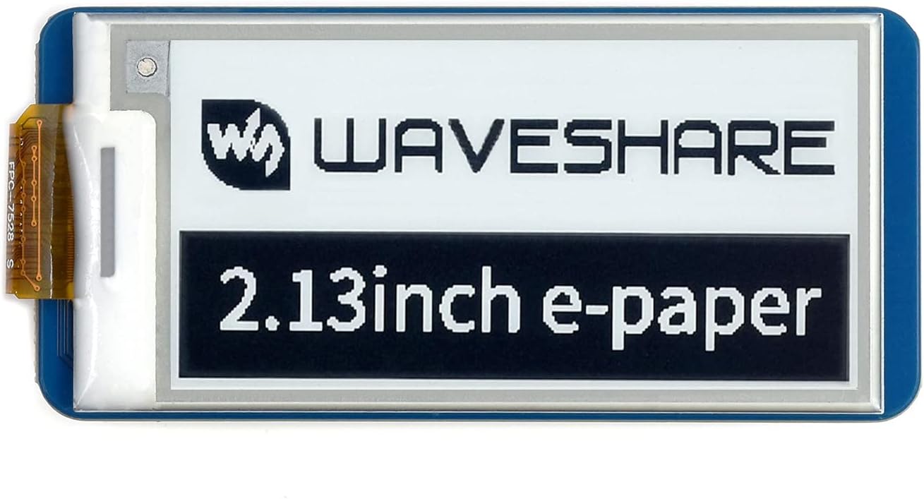 Close-up of the 2.13 inch E-Paper Display showing 'WAVESHARE 2.13inch e-paper' text.