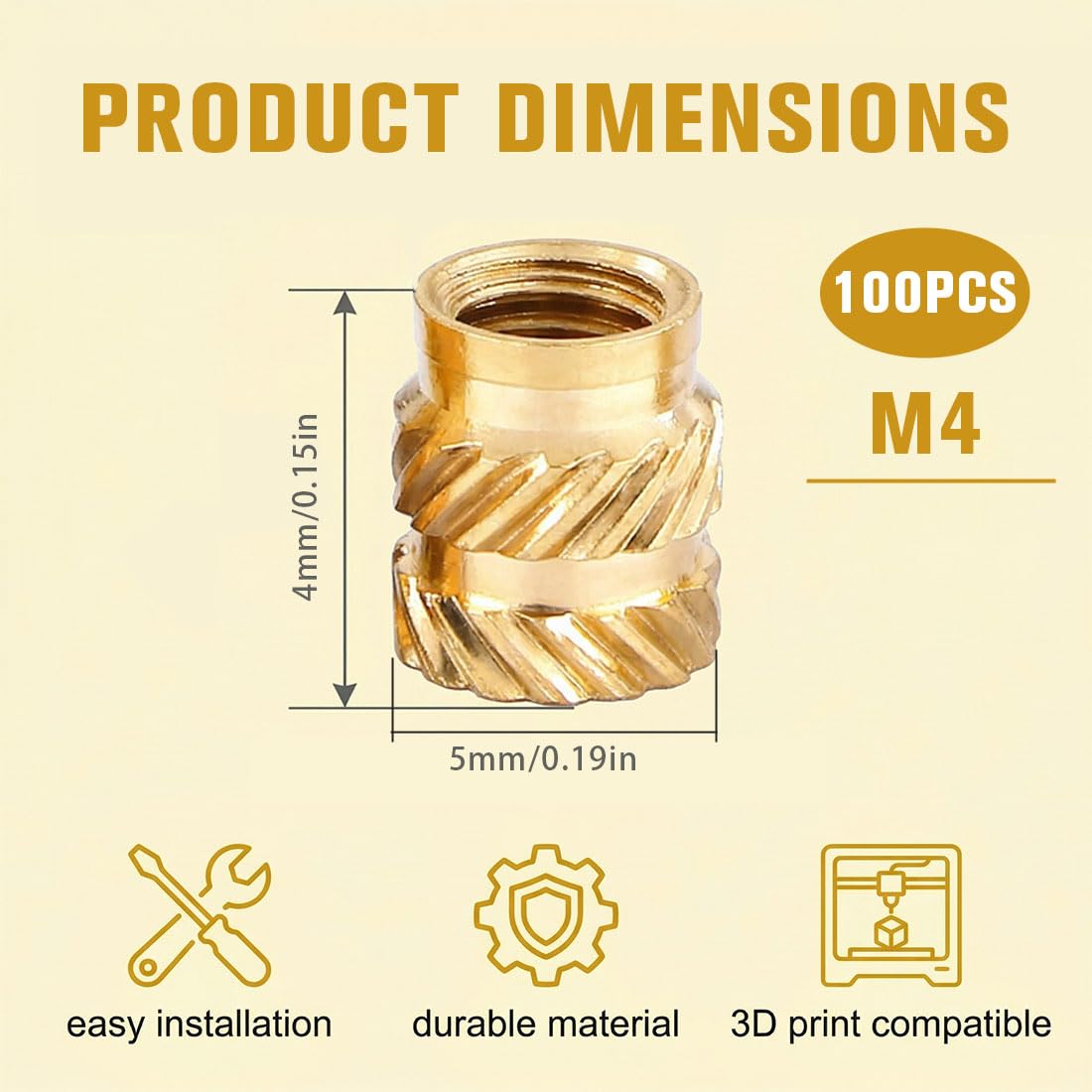 Inserti Filettati Stampa 3D M4 4Mm 100 Pezzi Ottone Oro Termofissati Zigrinati
