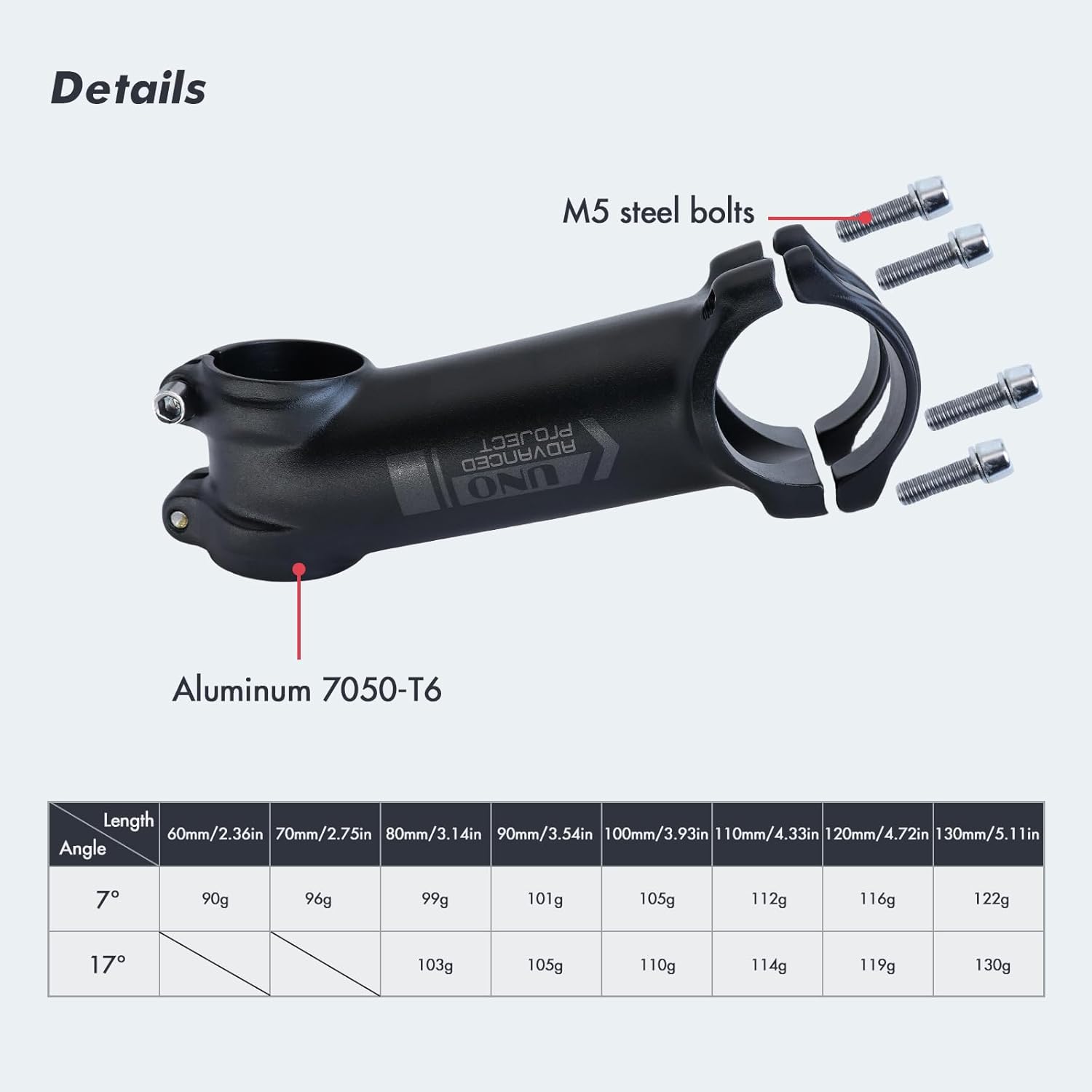 DJC UNO Bike Stem Ultralight -7 17 Degree for 31.8mm Handlebar 28.6mm MTB Mountain Road Bike Stem 60 70 80mm 90 100 110 120 130mm Kalloy