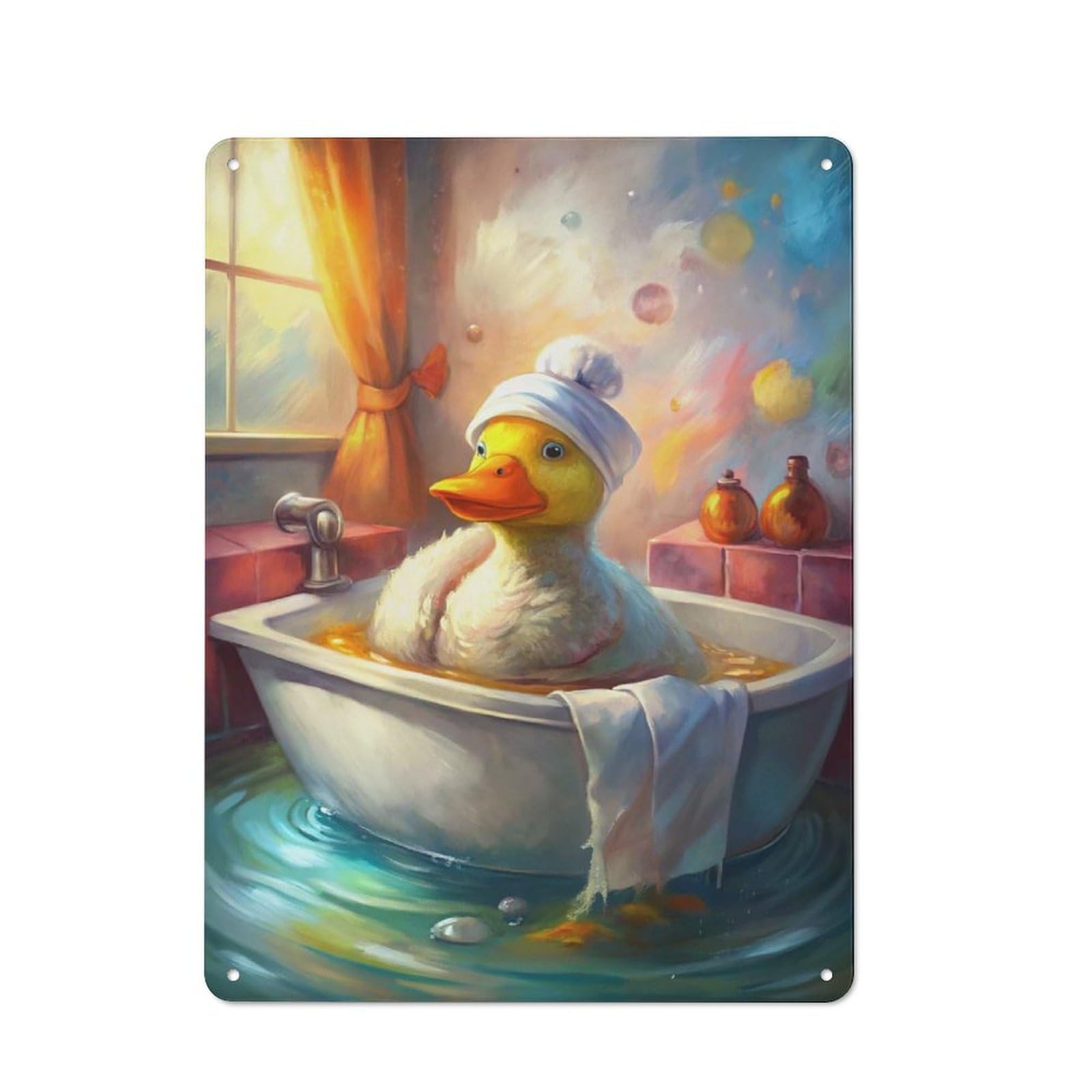 Junmoney Style-3 Duck In Bathtub With Towel Hat Country Metal Wall Decor 40X30cm, Decorative Tin Sign For Farmhouse Kitchen, Pantry Or Dining Area