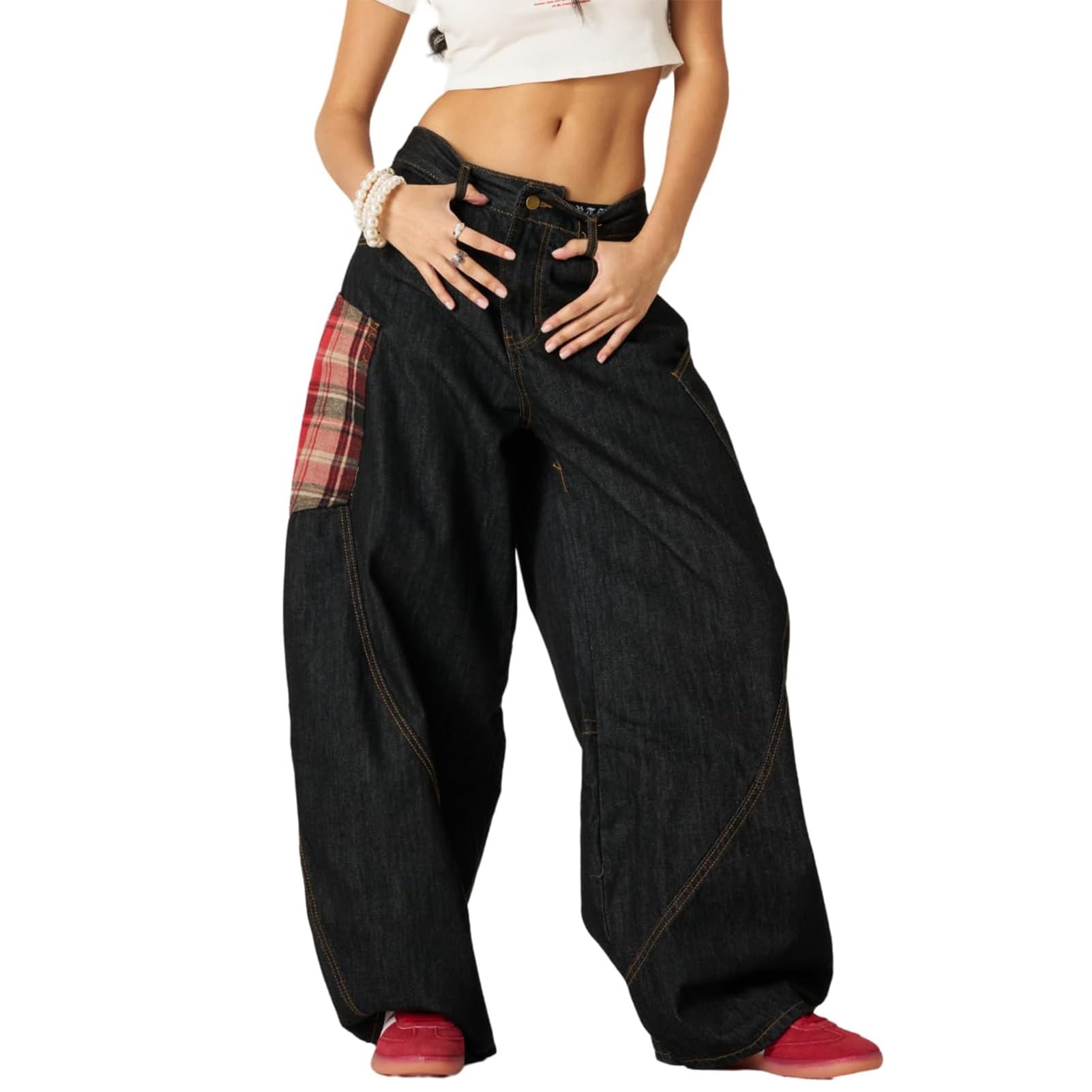 Jeansy Baggy Y2k dla Mężczyzn i Kobiet Szerokie Nogawki Skater Grunge Luźny Krój Barrel Hip hop Streetwear(Red,Small)