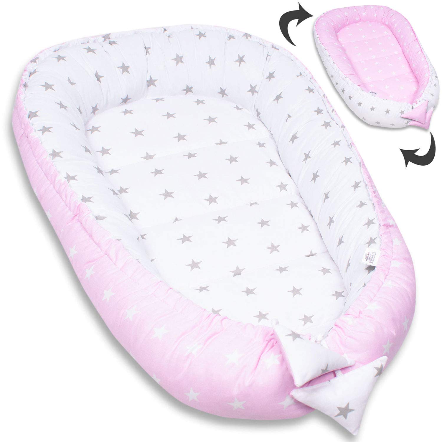PaLulli nid bébé nid bébé Cocon bébé 50x90 cm, 2 Faces, 100% Coton, nid pour lit bébé, nid Douillet, Oreiller, lit de Voyage pour bébés et Nourrissons (étoiles D)