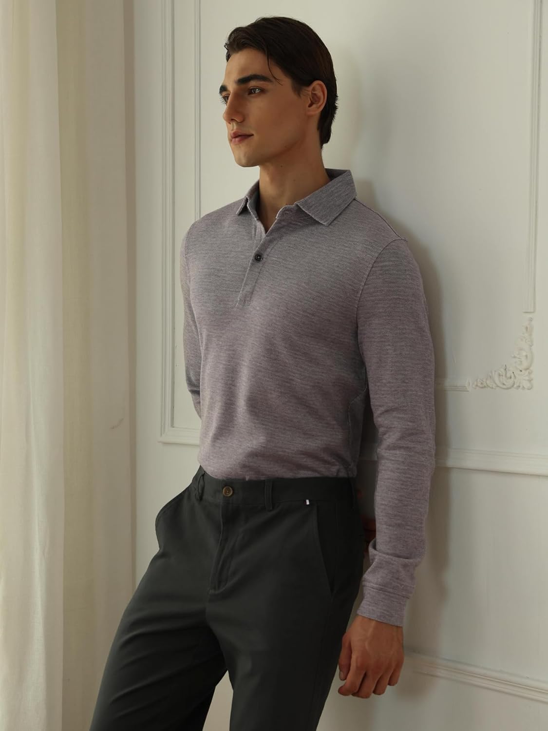 Cotton Modal Blend Long Sleeve Polo Shirts for Men Double Knit Split Hem Collared Basic Casual Tops - Image 3