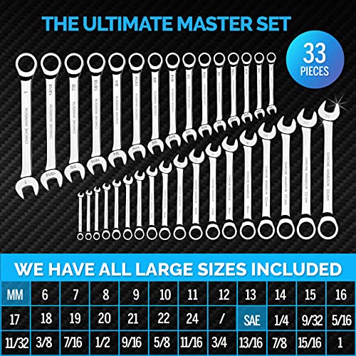 Toolguards Ratcheting Wrench Set 33Pcs Ratcheting Wrench Set - Large Wrench Set Metric And Standard - Complete Wrench Set- 100% Lifetime Satisfaction Guarantee #TOP1