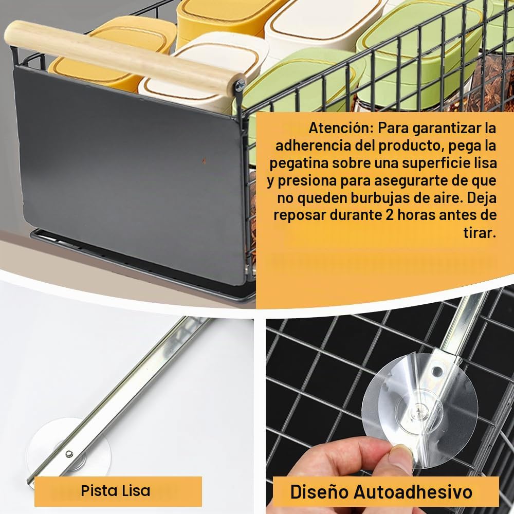 Organizador de gabinete extraíble, cajón de almacenamiento de cocina con asas de madera, cajón deslizante extensible resistente con nano película adhesiva sin taladro (39,5 x 23,5 x 19,5 cm,
