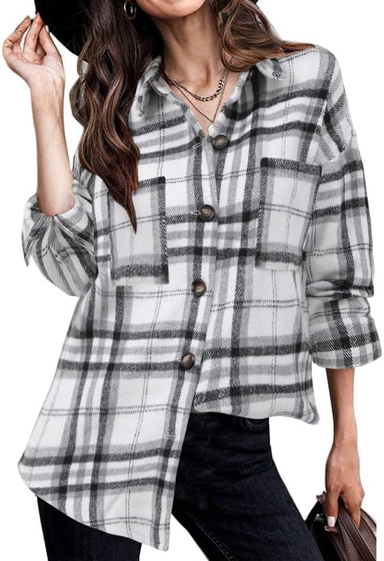 Women's Brushed Plaid Shirts Long Sleeve Flannel Lapel Button Down Cardigan Boyfriend Shacket Jacket Coats - Image 2