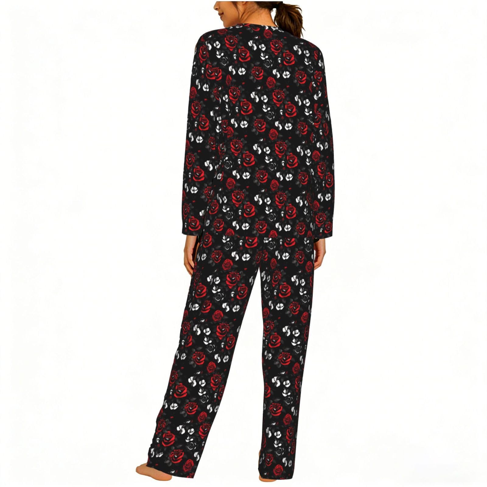Pigiama da donna a maniche lunghe con stampa di rose bianche e rosse, morbido, da spiaggia, vacanze, da notte, regalo casual