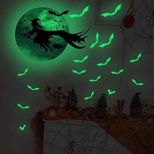 Miniatura 6 de Calcomanías de pared de Halloween que brillan en la oscuridad, calcomanías de pared de bruja, murciélagos, calcomanías luminosas para ventana,