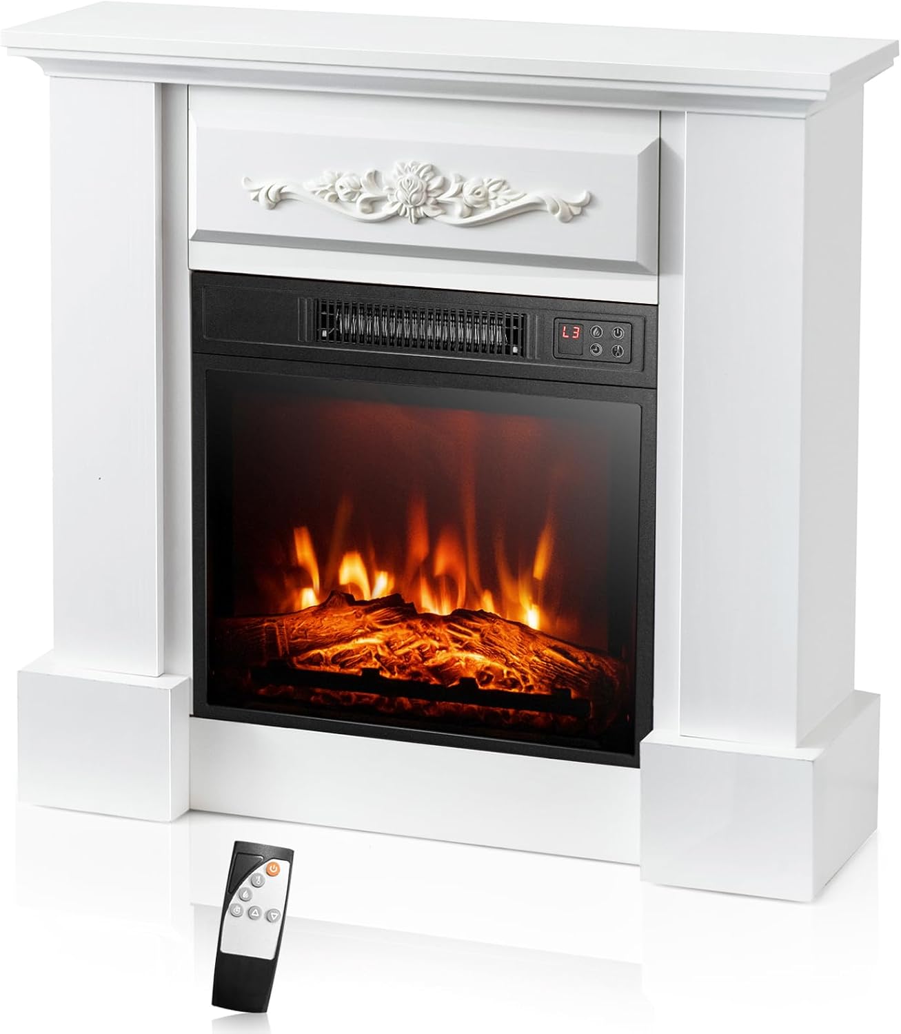 GOFLAME Electric Fireplace with Mantel, 1400W Freestanding Mantel Fireplace Heater with Remote Control, 3 Flame Brightness, Thermostat, 6H Timer, Overheat Protection, CSA Certified (White)
