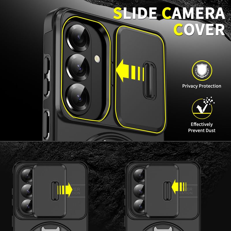 Image of LuxuryKase Shockproof Rugged Case for Samsung Galaxy S26 Plus | Slide Camera Cover | 360 Rotating Ring Kickstand | Military-Grade Protection - Matte Black