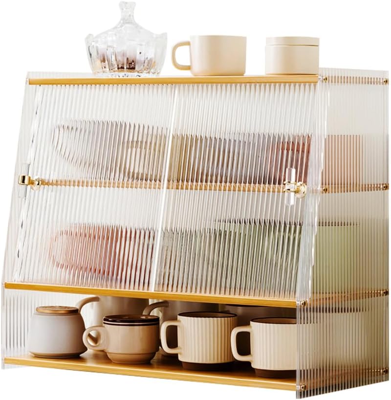3-Tier Clear Acrylic Organizer, Mug Shelf with Sliding Doors, Display Coffee Cup Holder, Pantry Cabinet for Bowls, Spices, or Bathroom Storage,Brown