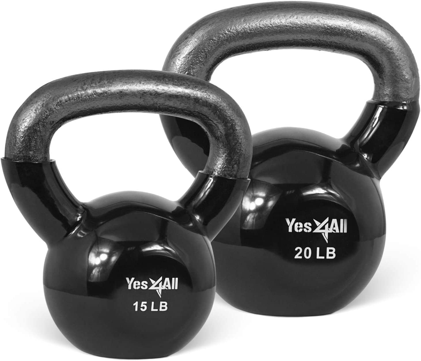 Yes4All Kettlebells 15 20 lbs Set Weight Vinyl Coated Cast Iron for Dumbbell Weights Exercises, Gym, Fitness, Full Body Workout Equipment Push up, Grip and Strength Training, Black