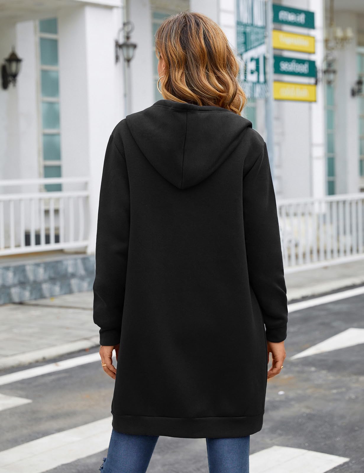 Nadeer Sudaderas con Capucha Abrigo Mujer Sherpa Liso Felpa Cremallera Medio-Largo Casual Cálido Fleece Cordón Señoras Sudadera
